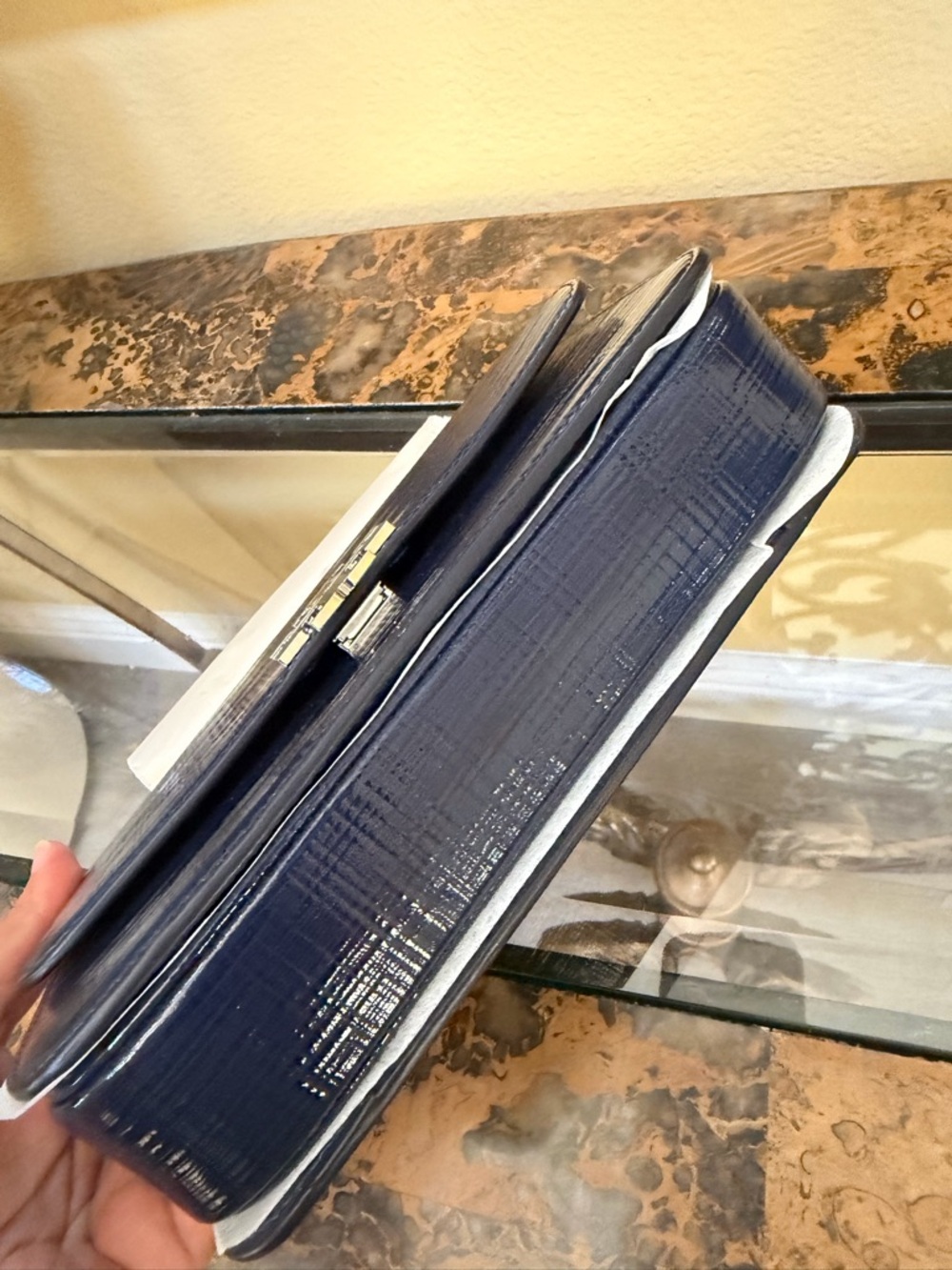 Tory Burch Glossy Navy Patent Leather Shoulder Bag with Silver Logo - Picture 3 of 9